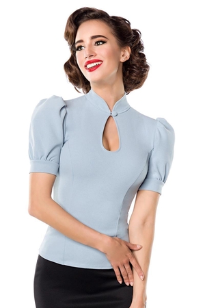 Bluzka damska w stylu retro monochromatyczna niska stójka z guzikiem przy szyi nietypowy dekolt w kształcie łezki krótkie