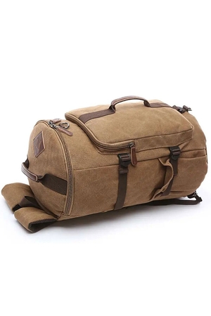 Mniejszy plecak + torba podróżna w jednym: wodoodporne płótno ze skórzanymi detalami można nosić w ręku, przez ramię
